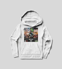 a white hoodie with an image of a man riding a bike