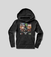 a black hoodie with an image of a man riding a bike
