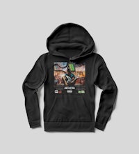 a black hoodie with an image of a man riding a bike