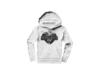 a white hoodie with a black heart on it