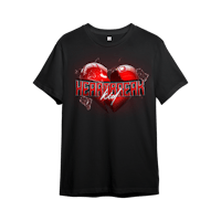 a black t - shirt with a red heart on it