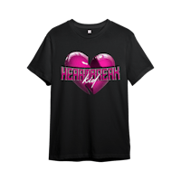 a black t - shirt with a pink heart on it